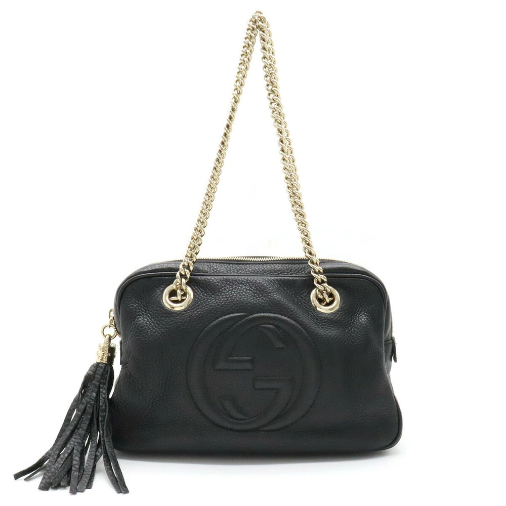 Gucci Soho Interlocking G Chain Shoulder Bag Fringe Tassel Leather Black